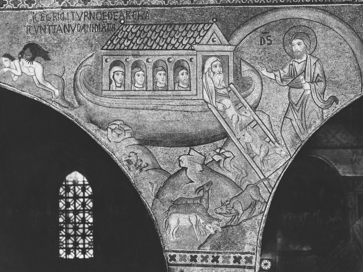 Noé levando os animais para a arca (mosaico) de Sicilian School