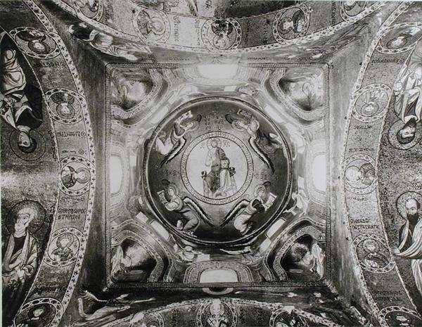Detalhe da cúpula com o Cristo Pantocrator no centro (mosaico) (foto a p/b) de Sicilian School