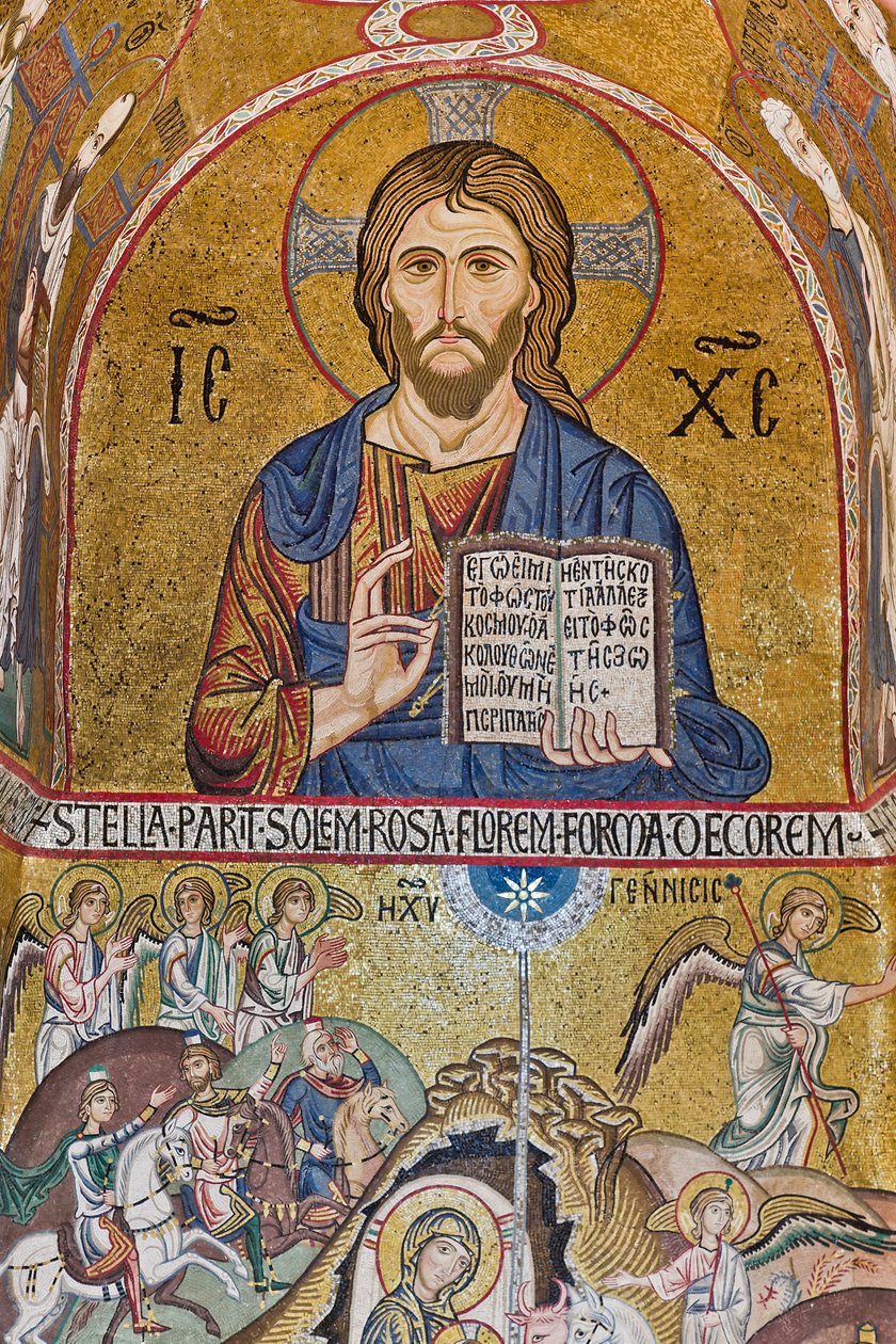 A Capela Palatina (Basílica), absidiola do Sul ou de São Paulo, mosaicos: "Cristo Pantocrator" e "Natividade", século XII de Sicilian School