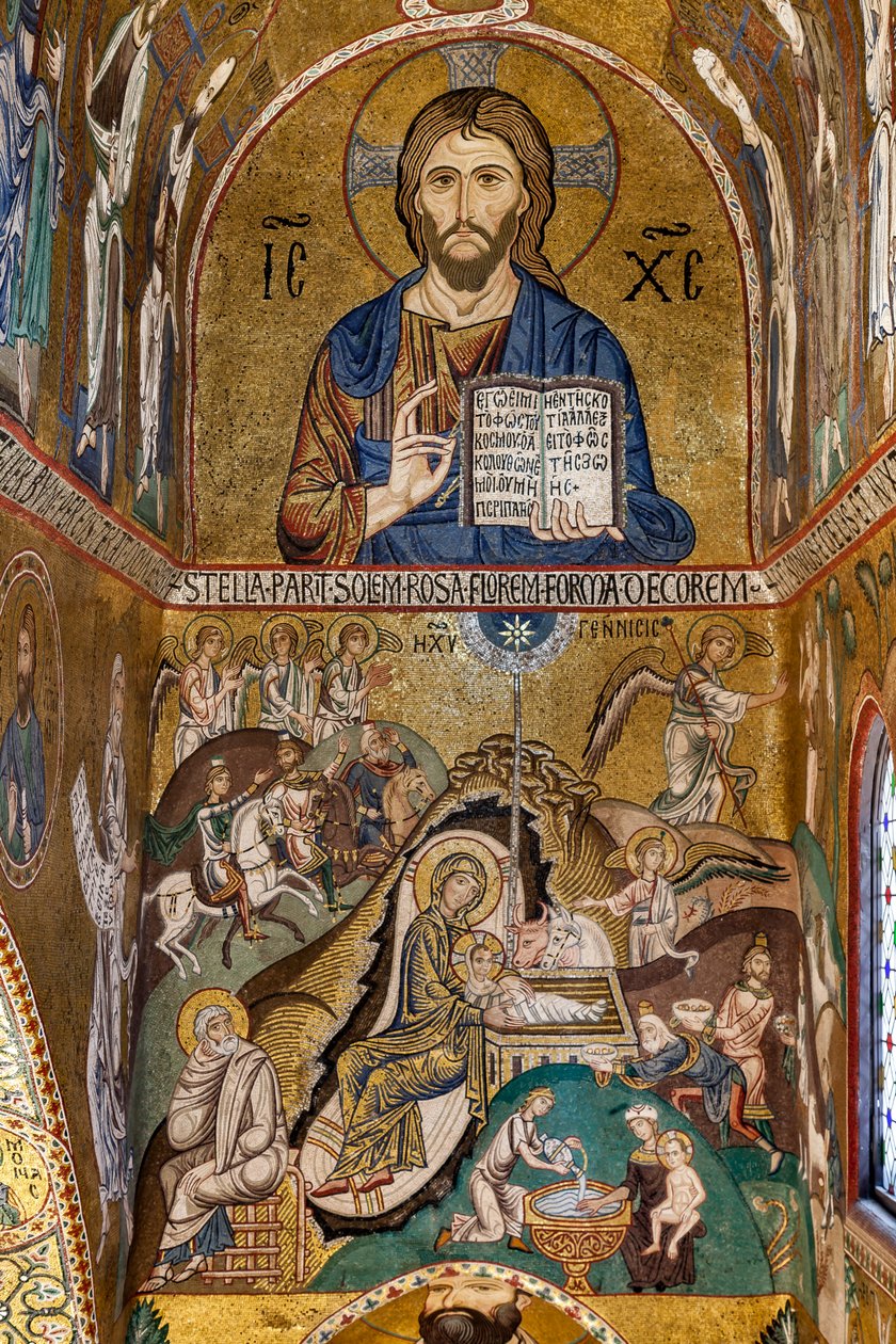 A Capela Palatina (Basílica), abside sul ou "absidiola" de São Paulo, mosaicos: "Cristo Pantocrator" e "Natividade", século XII de Sicilian School