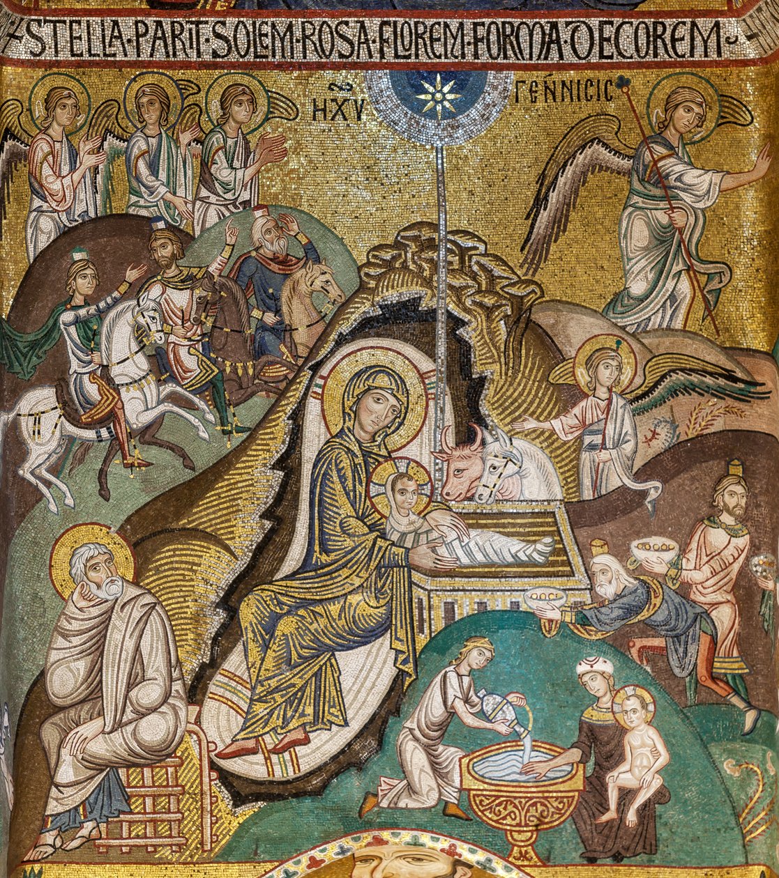 A Capela Palatina (Basílica), absidíola do Sul ou São Paulo, mosaicos: "Natividade", século XII de Sicilian School