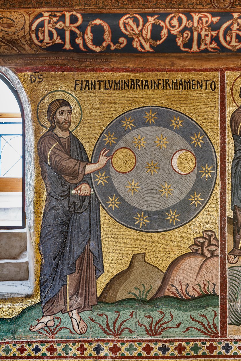 A Capela Palatina (Basílica), ciclo de mosaicos no Antigo Testamento, ciclo da Criação: "A Criação das Estrelas", século XII de Sicilian School