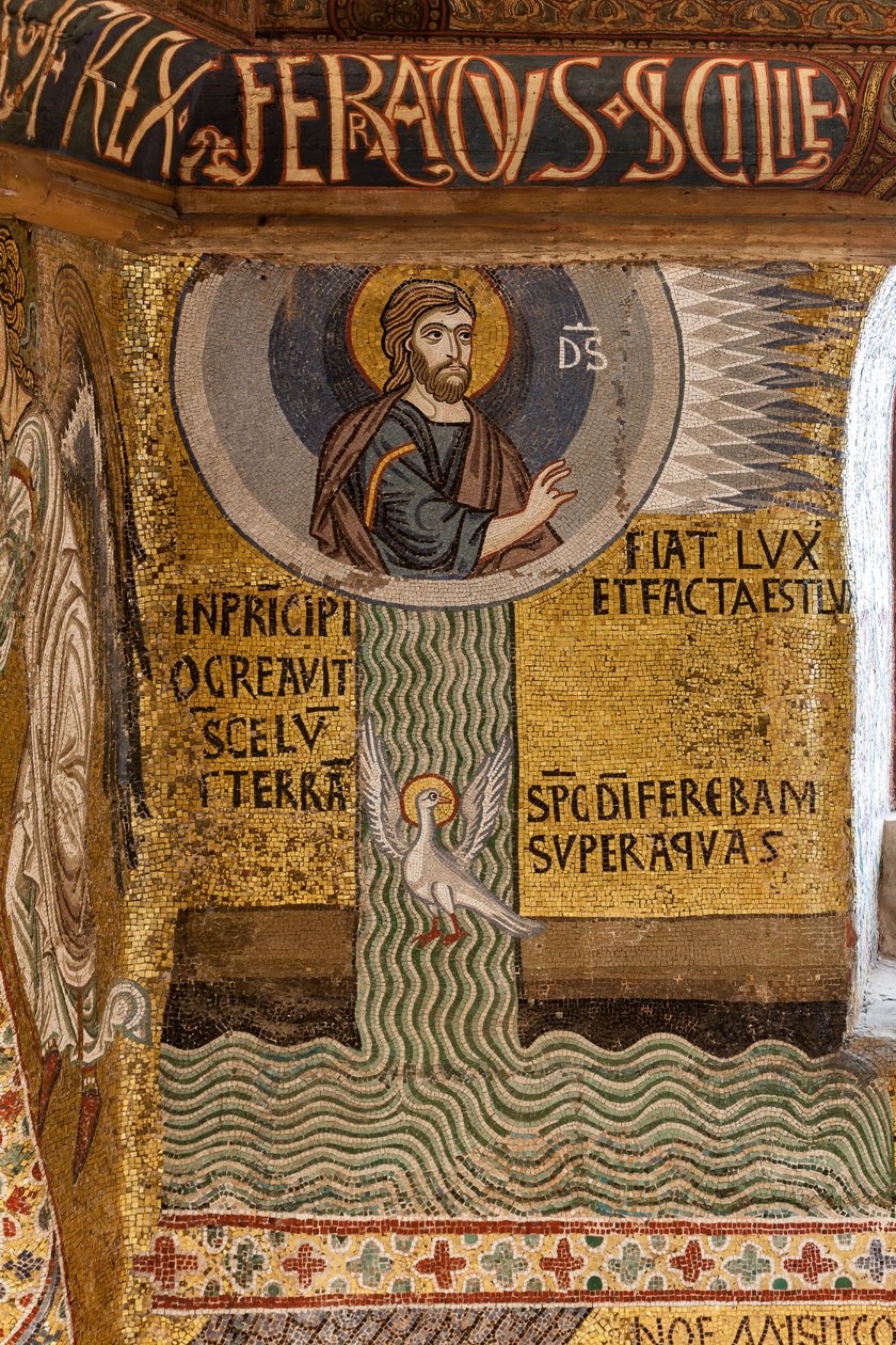 A Capela Palatina (Basílica), ciclo de mosaicos sobre o Antigo Testamento, ciclo da Criação: "Deus Fiat Lux cria a Luz e divide as Águas", século XII de Sicilian School