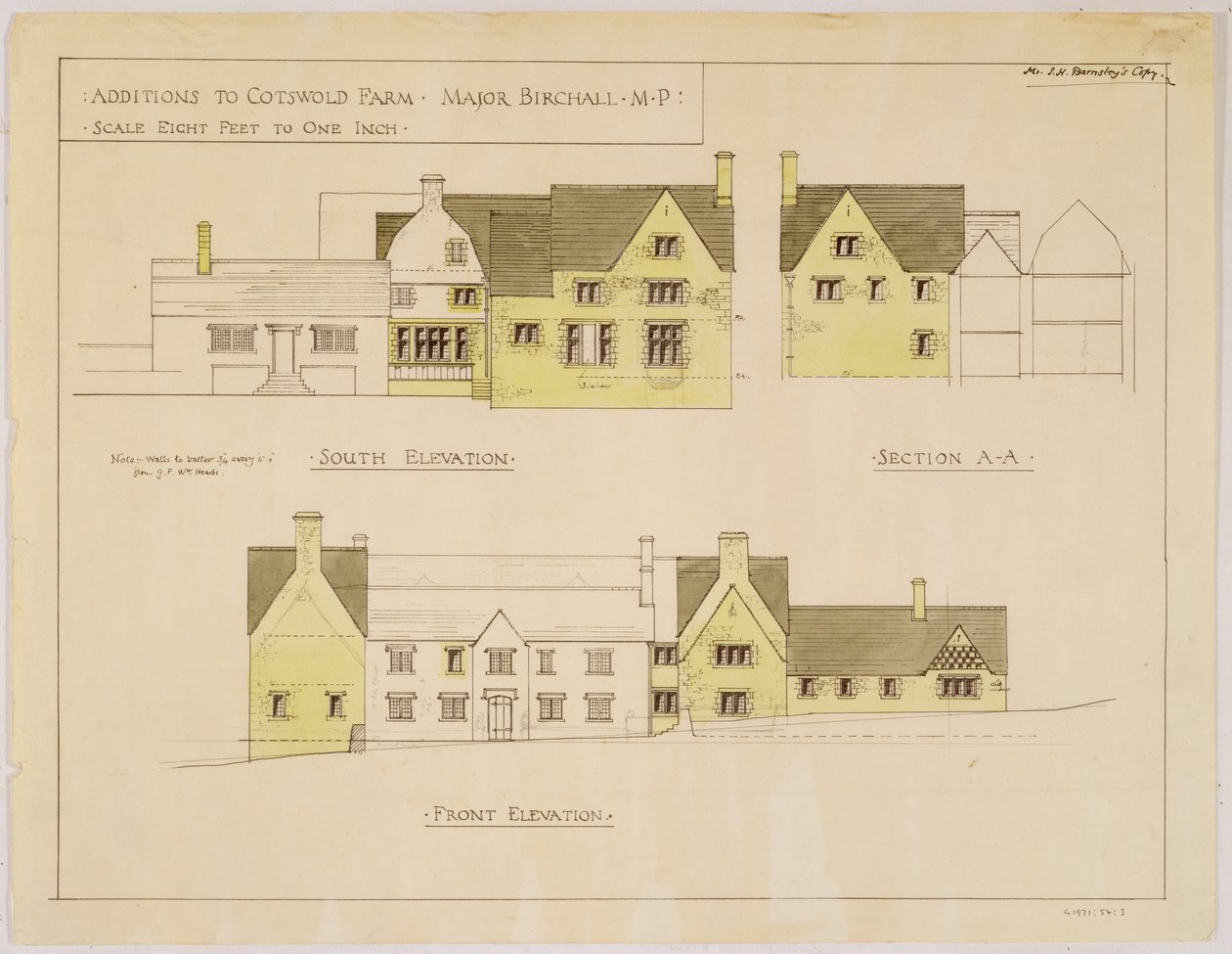 Adições à Cotswold Farm: elevações do sul e da frente, c.1925 (impressão e wc no papel) de Sidney Barnsley