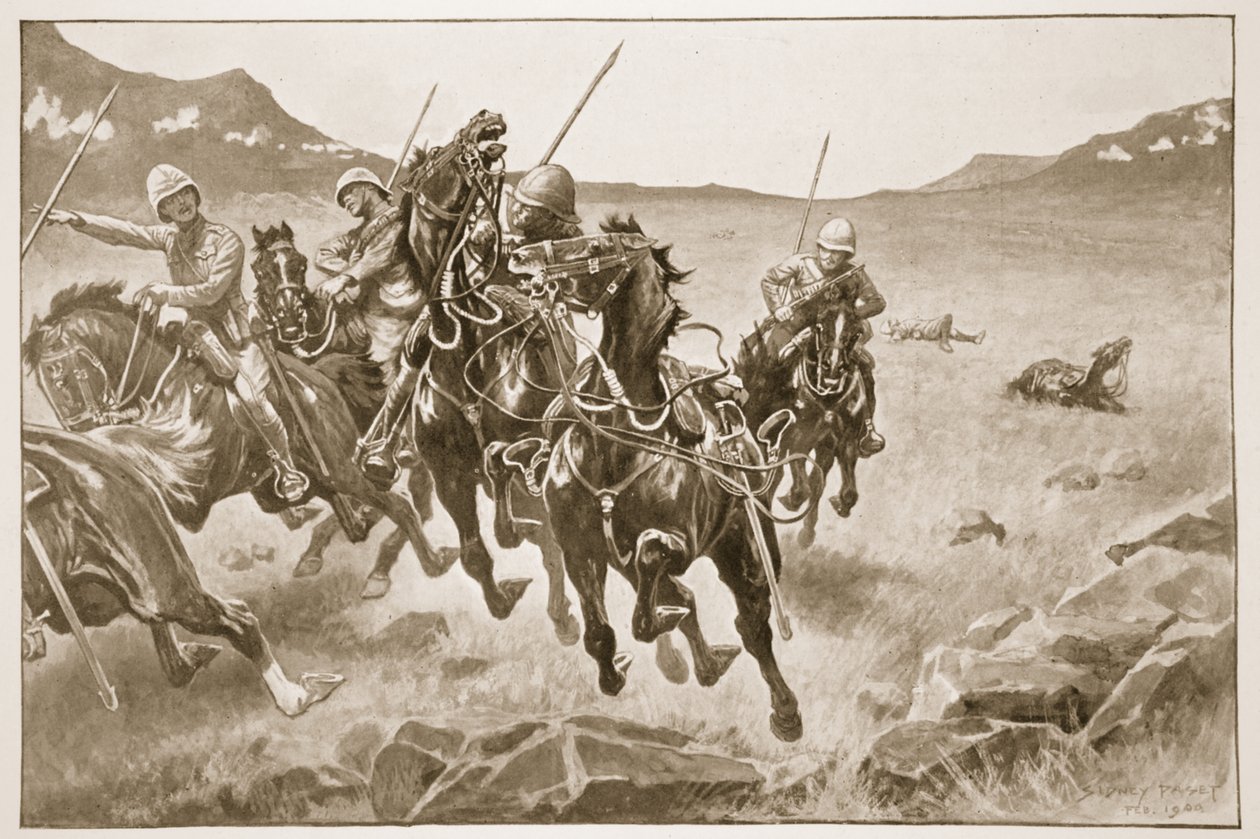 Correndo o desafio: uma patrulha de Lancer sob fogo cruzado, ilustração de &39;Battles of the 19th Century, vol. VI: A Guerra dos Bôeres de 1899-1900 &39;por Archibald Forbes, GA Henty e Major Arthur Griff de Sidney Paget