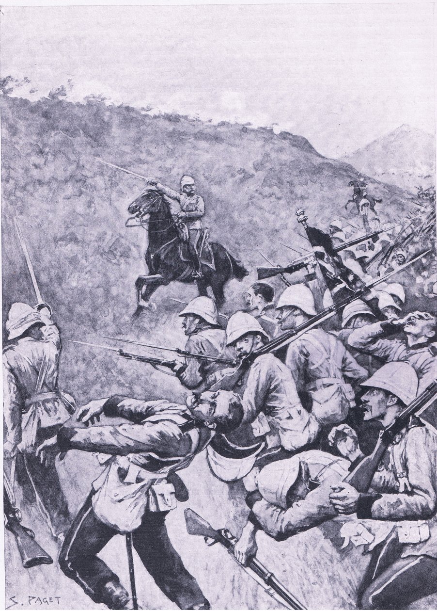 Langs Nek, 28 de janeiro de 1881 (1ª Guerra dos Bôeres), ilustração das Batalhas Britânicas na Terra e no Mar, 1915 de Sidney Paget