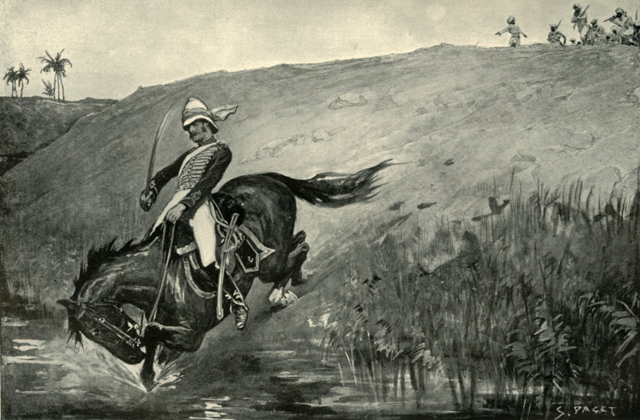 Fuga estreita do tenente Roberts, enquanto perseguida pelos nativos perto de Lucknow, 1901. de Sidney Paget
