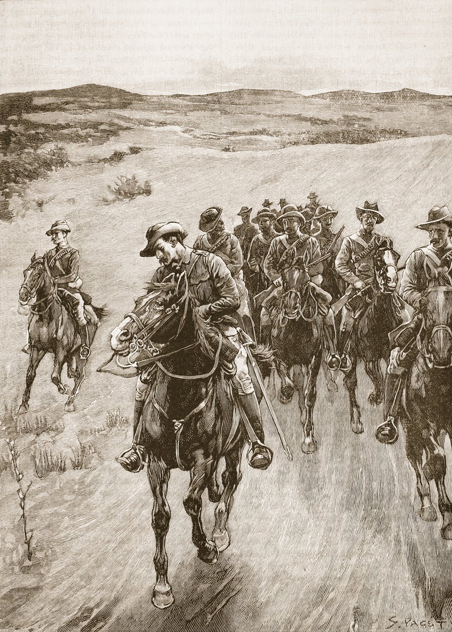Na pista de Lobengula, 1893, ilustração de &39;História Ilustrada de Cassell da Inglaterra&39; (foto sépia) de Sidney Paget