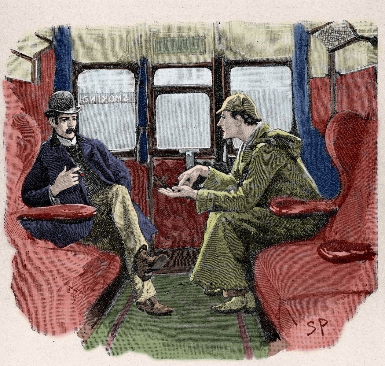 Silver Blaze: A ilustração de Sydney Paget de uma aventura de Sherlock Holmes. O famoso detetive é representado com o Dr. Watson em um trem. Publicado na "The Strand Magazine". Notícias de Conan Doyle. 1892. de Sidney Paget