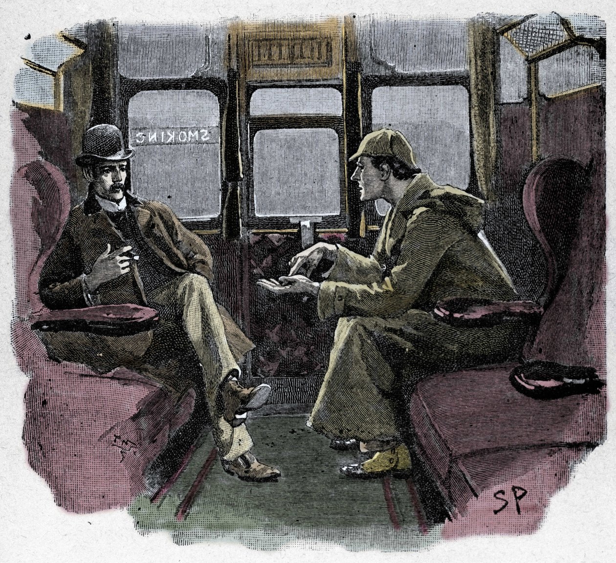 Silver Blaze: A ilustração de Sydney Paget de uma aventura de Sherlock Holmes. O famoso detetive é representado com o Dr. Watson em um trem. Publicado na "The Strand Magazine". Notícias de Conan Doyle. 1892. de Sidney Paget