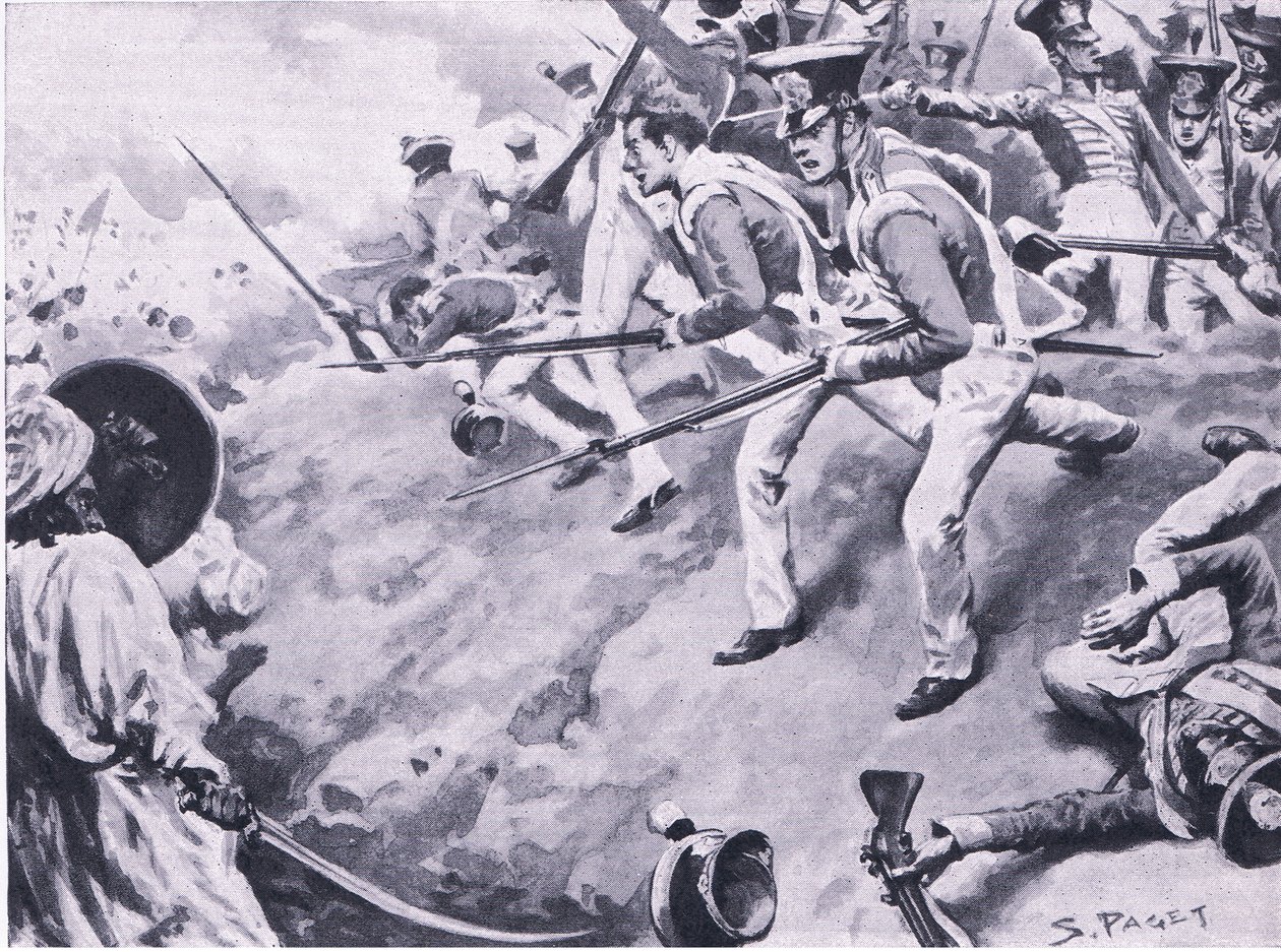 A Batalha de Dubba, 24 de março de 1843, ilustração das Batalhas Britânicas na Terra e no Mar, 1915 de Sidney Paget