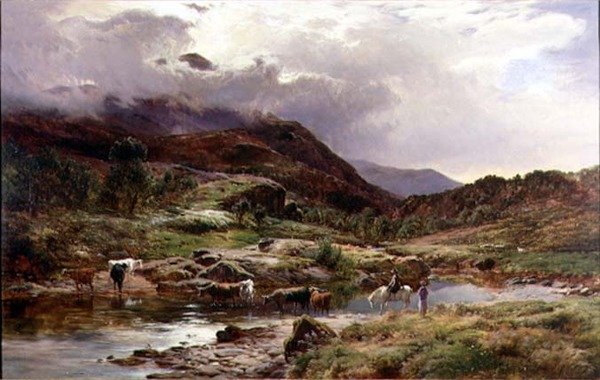 Uma Cena de Rio Montanhoso com Gado em Primeiro Plano (petróleo) de Sidney Richard Percy