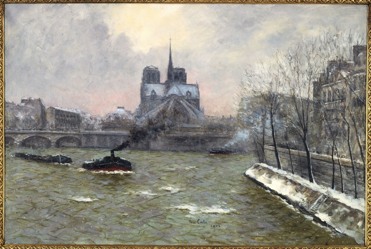 A cabina de Notre-Dame, vista da ponte de la Tournelle, efeito de neve de Siebe Johannes Ten Kate