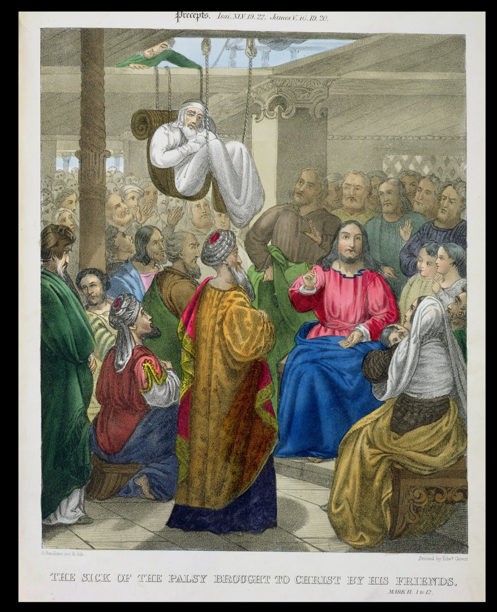 O Doente da Paralisia Trazido a Cristo por seus Amigos, de uma bíblia impressa por Edward Gover, de 1870 de Siegfried Detler Bendixen