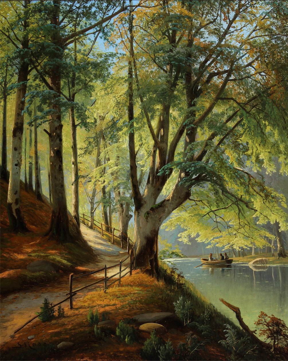 Área de floresta com folhas de faia recém-desenvolvidas e pessoas de barco a remo de Siegfried Hass