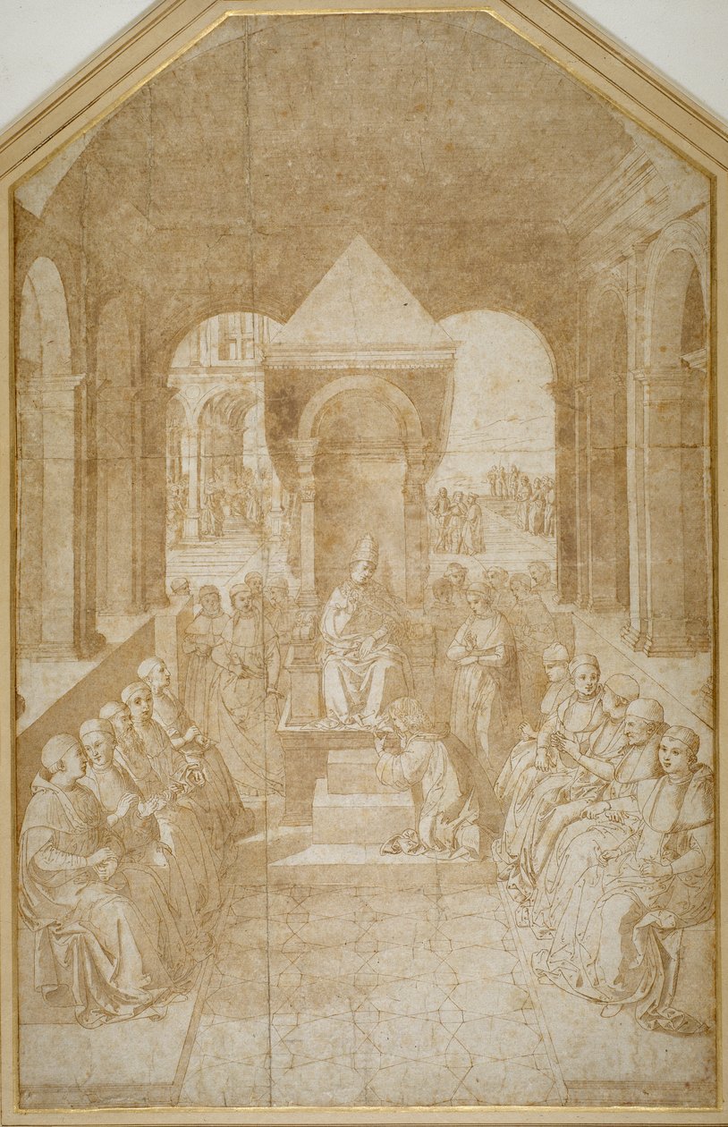 Aeneas Piccolomini beijando o chinelo do Papa Eugênio, depois de Pinturicchio (caneta e tinta marrom com lavagem em papel) de Sienese School