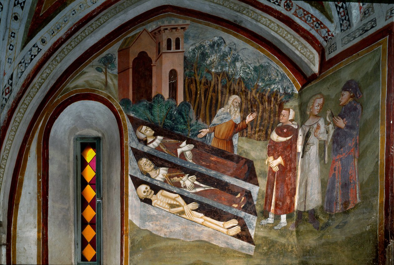 Encontro dos mortos com os vivos Detalhe de um afresco da escola de Siena. Século XIV. Mosteiro de Saint Benoit (Sacro Speco), Escadaria, Subiaco (Roma), Itália de Sienese School