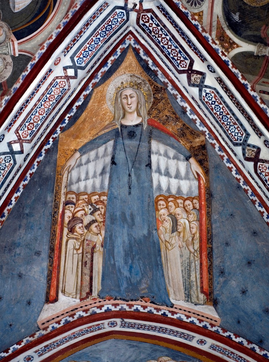Representação da Virgem Maria Mãe da Igreja Fresco da Capela da Virgem feita pela Escola de Sena do século XIV - Mosteiro de São Benedetto (Sacro Speco), Subiaco (Roma), Itália de Sienese School