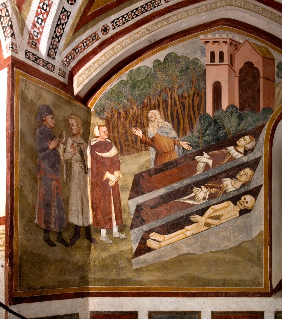 O Encontro dos Três Vives e dos Três Mortos (ou Dict) Os três vivos e um eremita em frente aos três caixões apresentando cadáveres em diferentes estágios de decomposição. Pormenor de um fresco da Escola de Siena (século XIV) 1363-1366 Mosteiro de de Sienese School