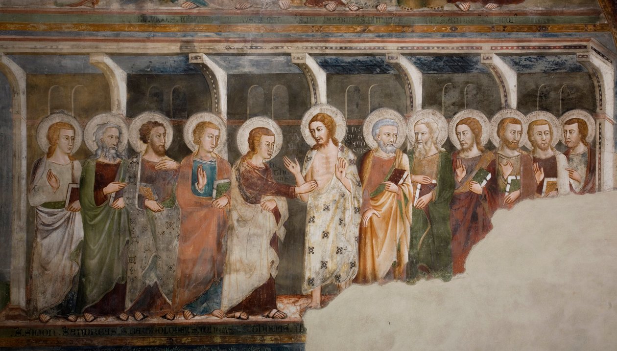 O incrédulo do apóstolo Thomas Fresco da escola de Siena. Século XIV. A Igreja Superior. Mosteiro de São Benedetto (Sacro Speco), Subiaco (Roma), Itália. de Sienese School