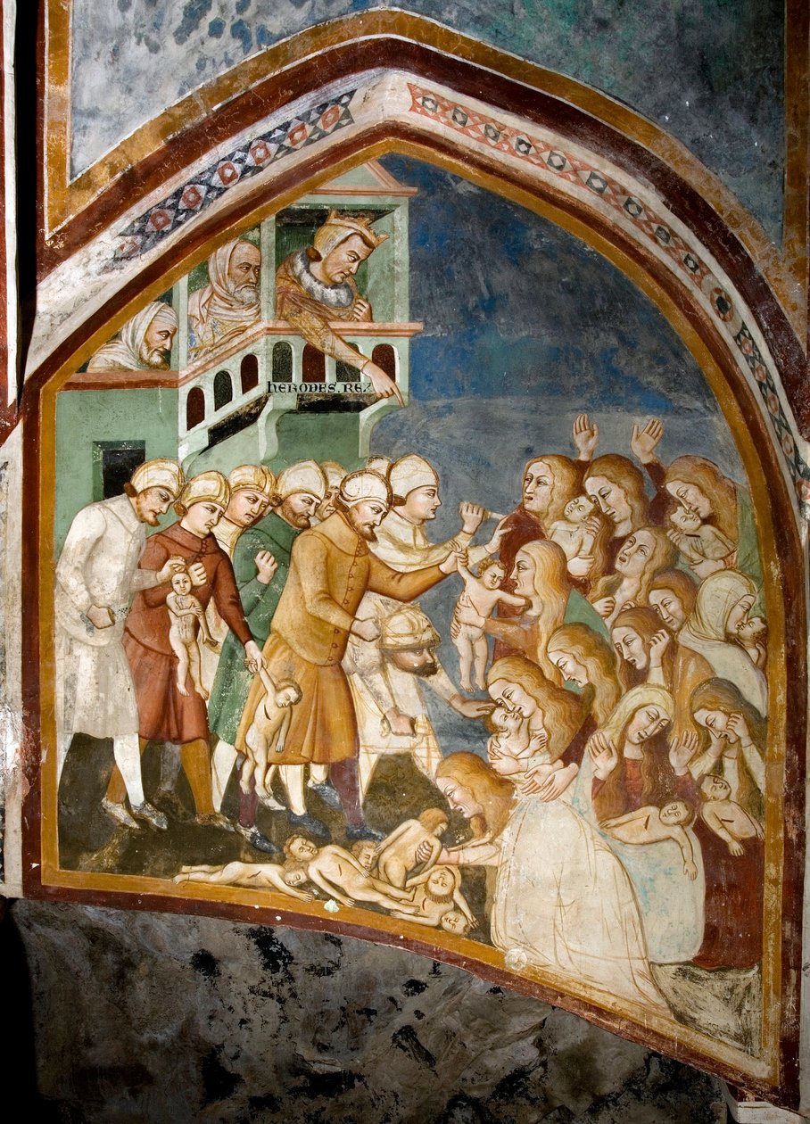 O massacre dos inocentes Detalhe de um afresco da escola de Siena (século XIV) 1363-1366 Mosteiro de São Benedetto (Sacro Speco), Subiaco (Roma), Itália de Sienese School