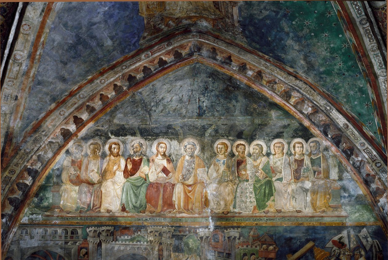 Os doze Apotres Detalhe de um afresco da escola de Siena. Século XIV. Mosteiro de São Bento (Sacro Speco), Igreja Superior em Subiaco (Roma), Itália de Sienese School