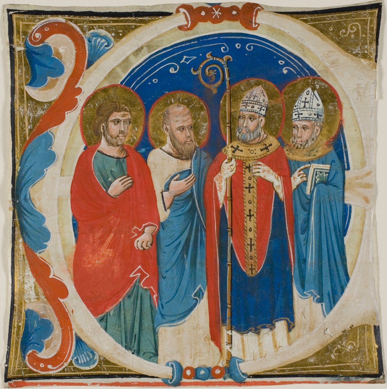 Dois santos e dois bispos em uma inicial historiada "E" de um livro de coro de Sienese School