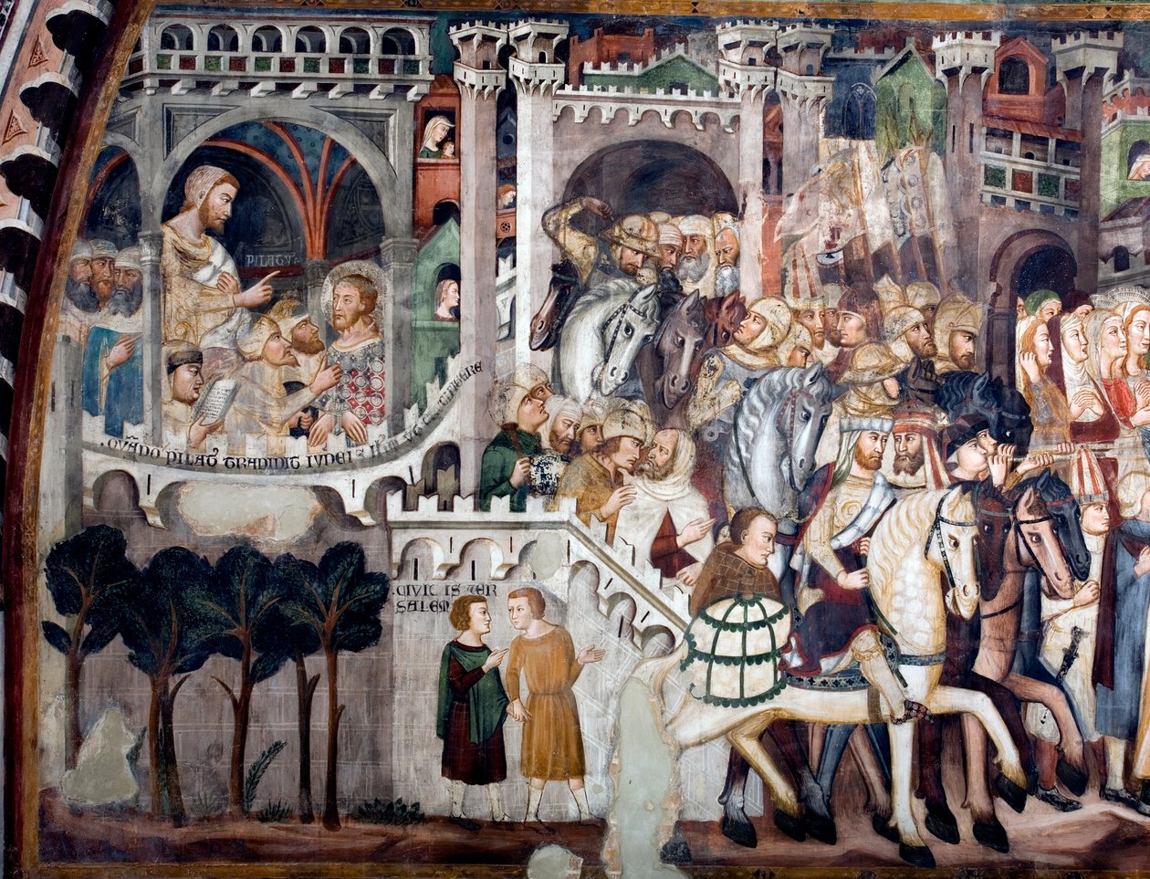 Vista do detalhe de um afresco que decora a Igreja Alta representando o Monte do Calvário: à esquerda Jesus em frente de Pôncio Pilatos. Realizado pela escola de Siena, a partir do início do século XIV. Mosteiro de São Benedetto (Sacro Speco), Su de Sienese School