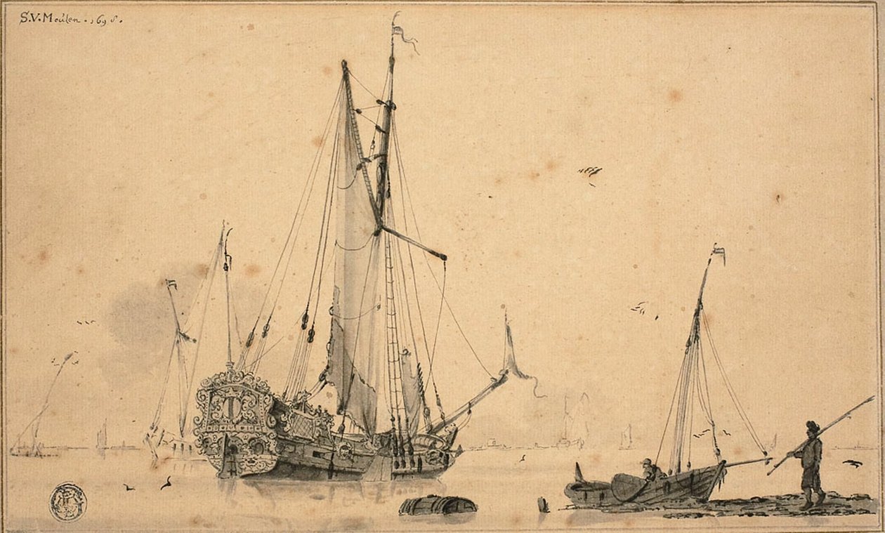 Cena do porto com navios e pescadores de Sieuwert van der Meulen