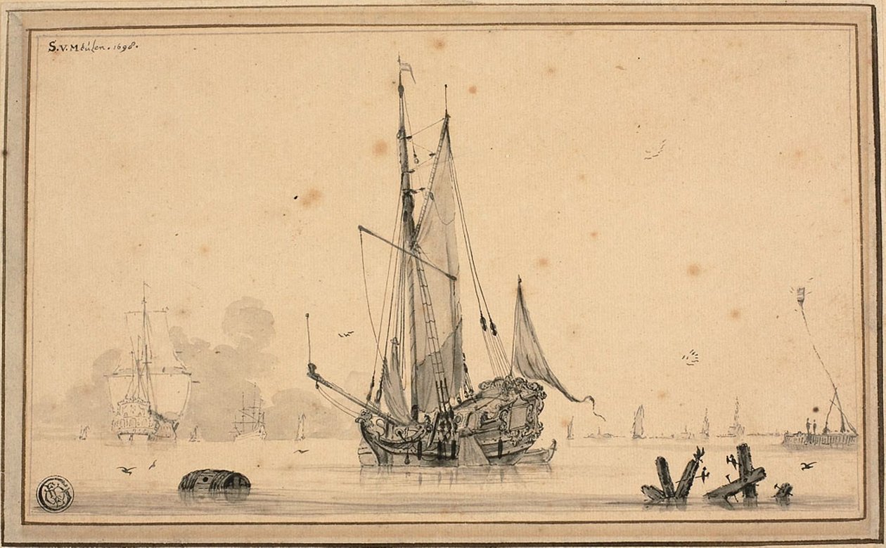 Cena do porto com navios em repouso e empilhamento de Sieuwert van der Meulen