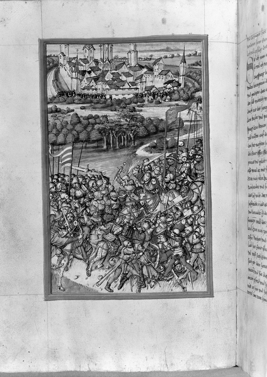 HB V 52 fol. 70v Ilustração da Batalha de Lechfeld, da Crônica de Augsburg, 1457 de Sigismund Meisterlin