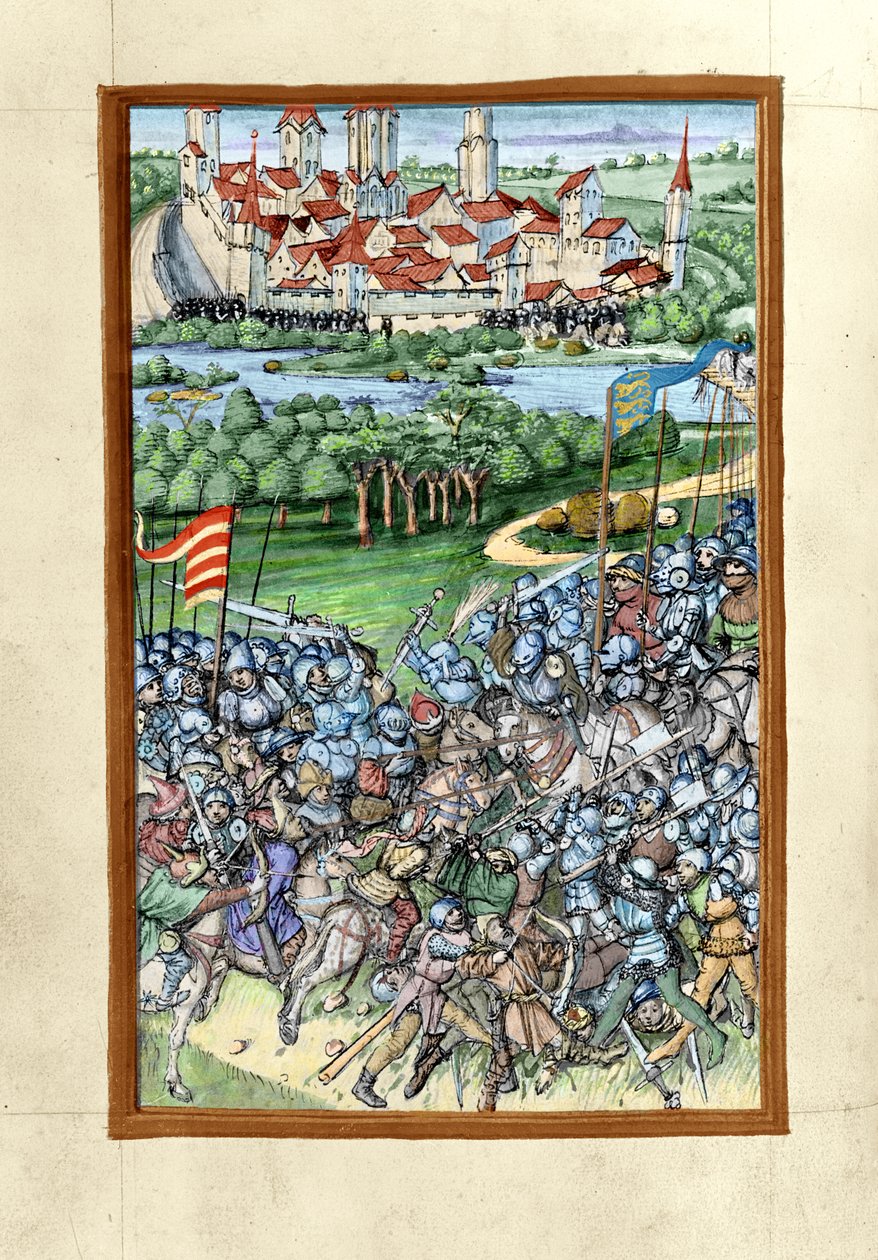 HB V 52 fol. 70v Ilustração da Batalha de Lechfeld, da Crônica de Augsburg, 1457 (versão colorida de 293598) de Sigismund Meisterlin