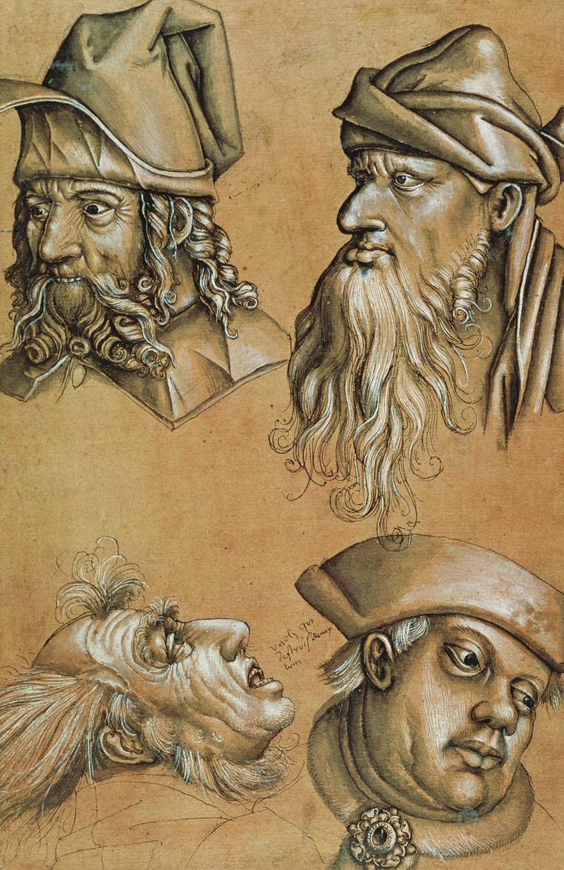 Estudos de Quatro Cabeças para uma Série Passion (caneta e tinta, lavagem e bodycolour no papel) de Sigmund Holbein