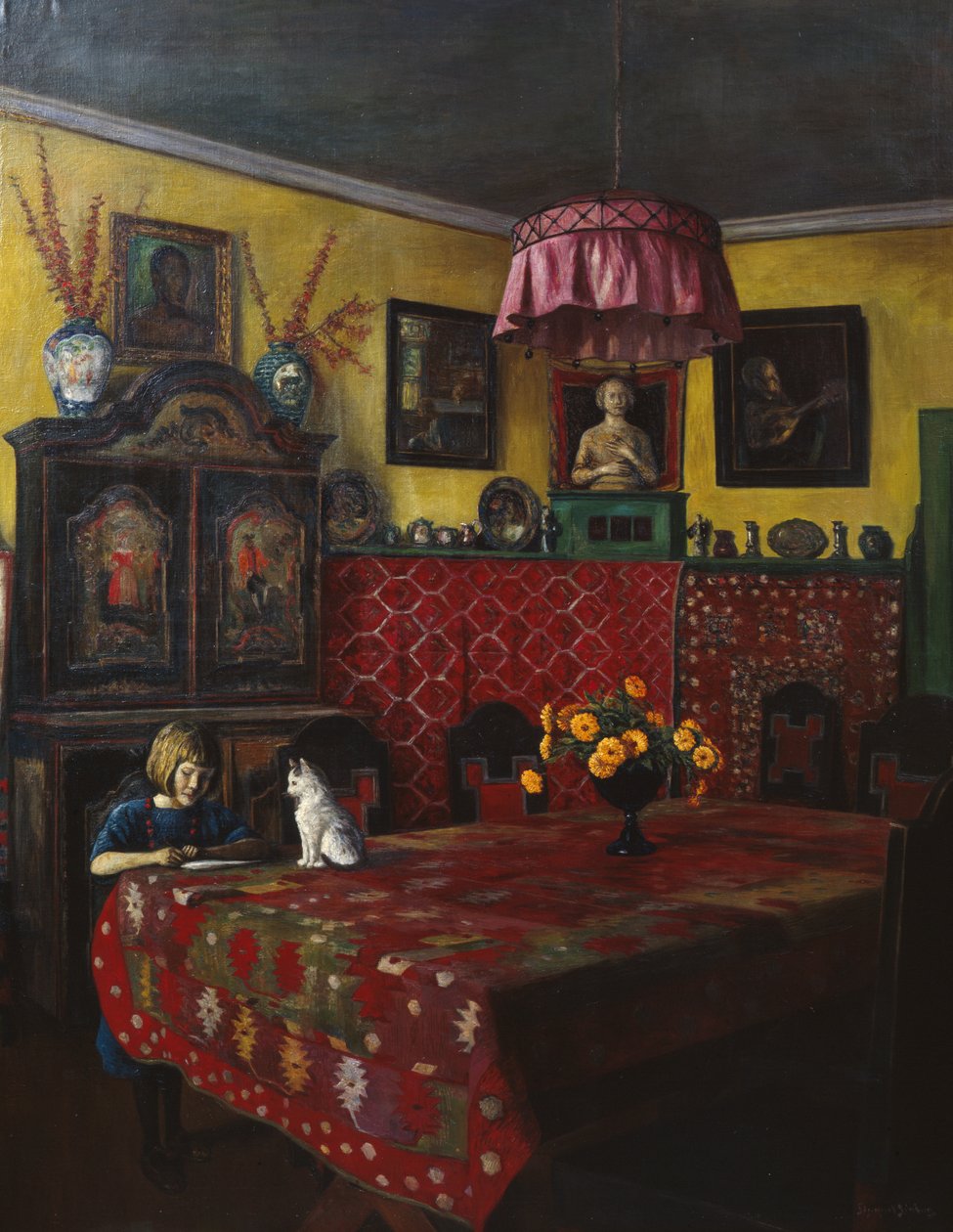Interior com rapariga e gato (óleo sobre tela) de Sigmund Sinding