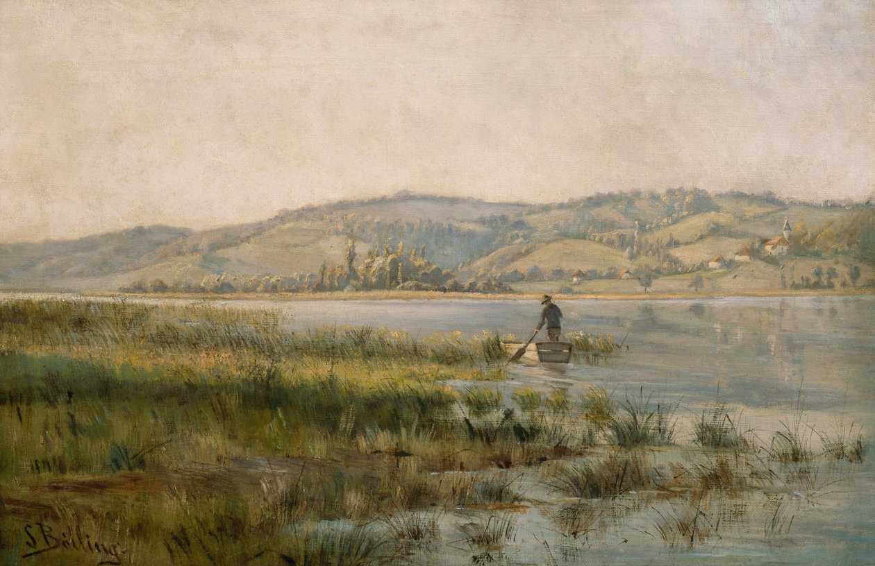 Homem a remar num lago (pintura) de Sigrid Bolling