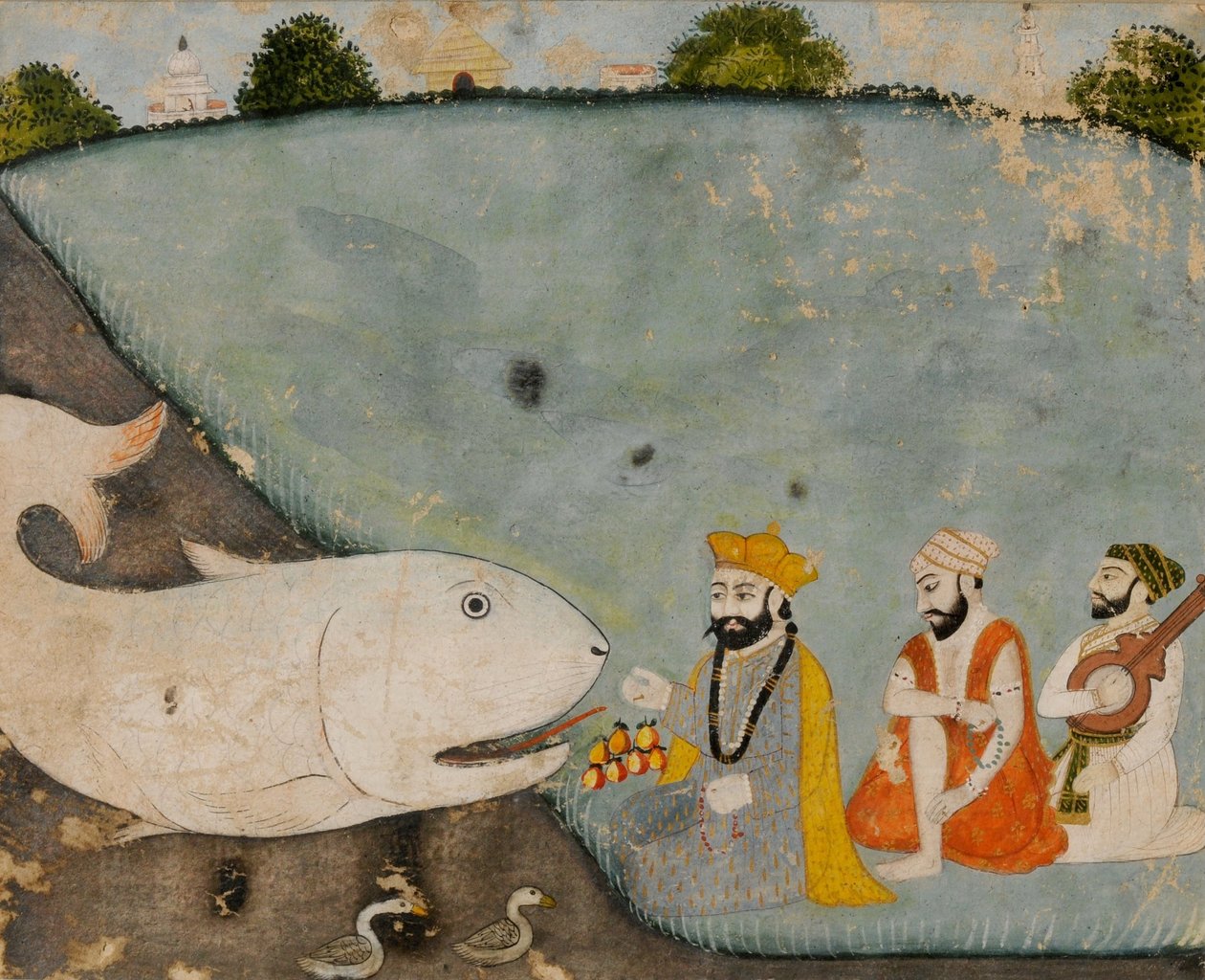 Guru Nanak com Bala, Mardana e o grande peixe (Vishnu em Matsyavatara) de Sikh School