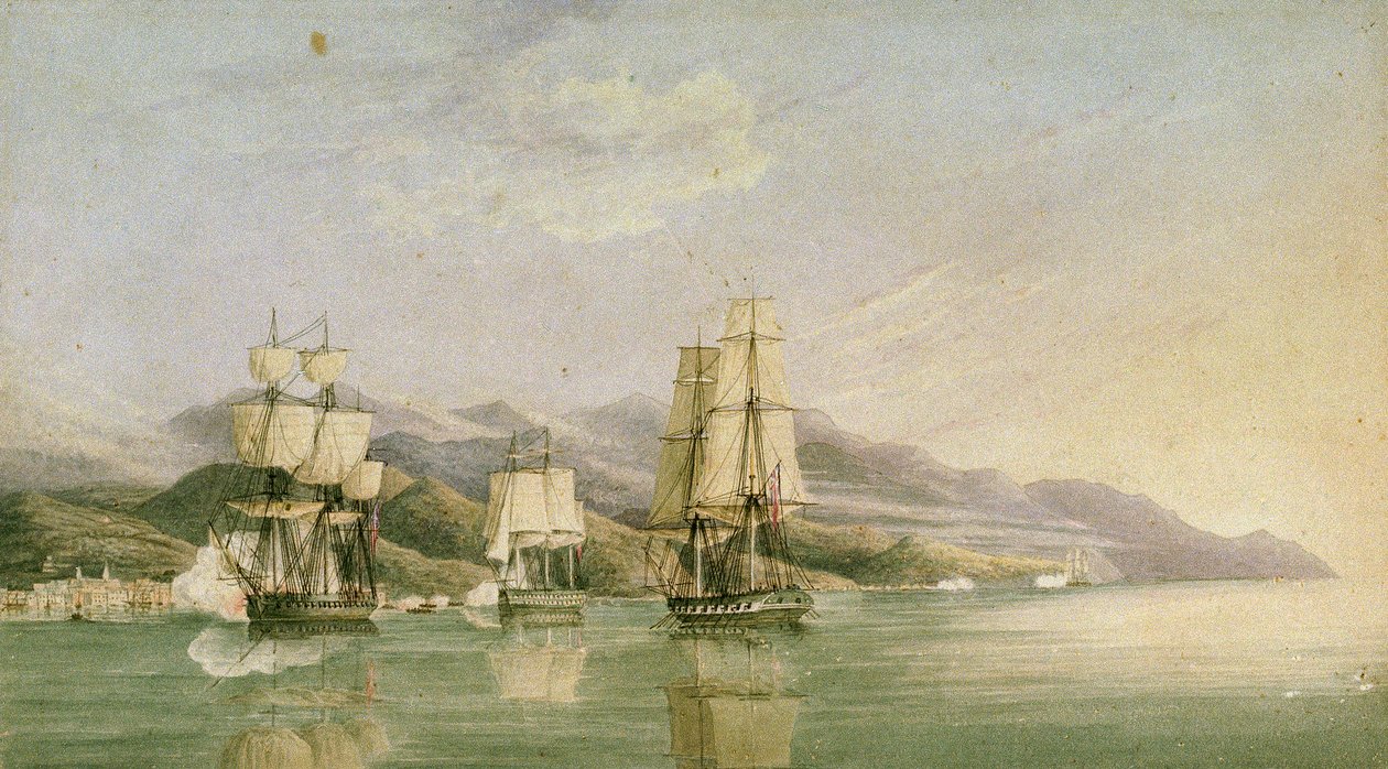 Ataque a um comboio de dezoito navios mercantes franceses em Laigrelia e Alassio, 27 de junho de 1812, início do século XIX (caneta, tinta, grafite, aguarela) de Silas Thomson (attr.to) Hood
