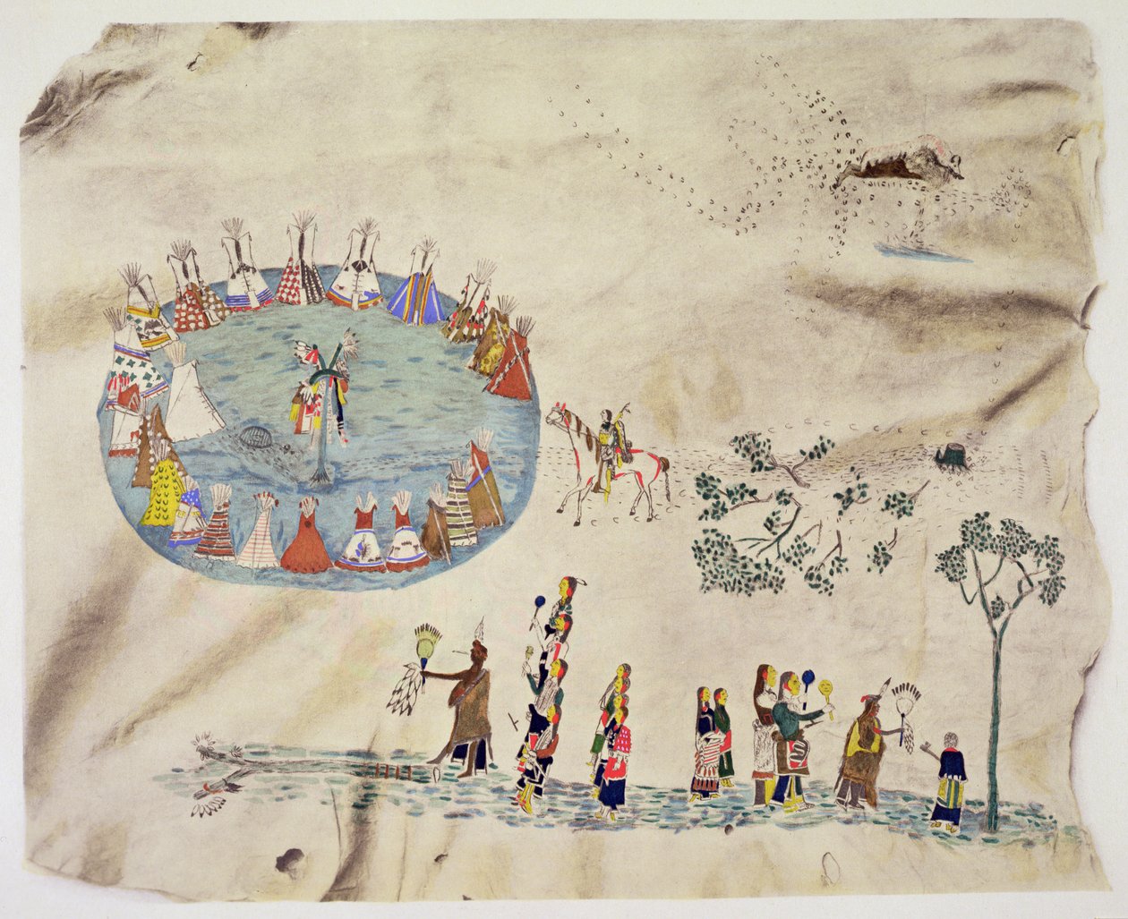 A Dança do Sol Shoshone (pigmento sobre pele de veado) de Silver  Horn