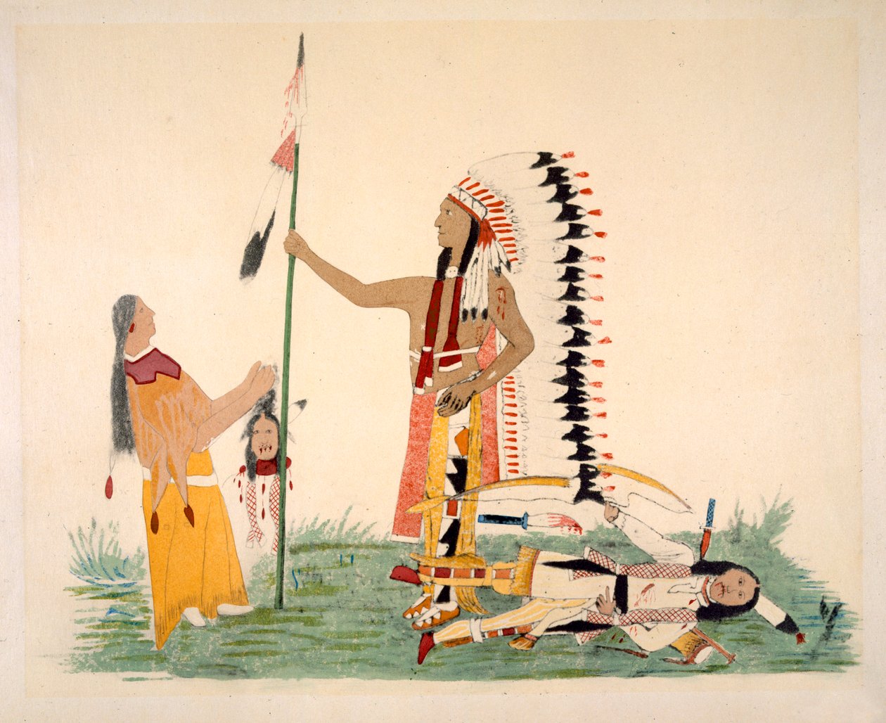 Comanche e sua esposa encontram e brigam com um Ute, de uma série de episódios lendários pintados pelo artista (pigmento de camurça) de Silver Horn