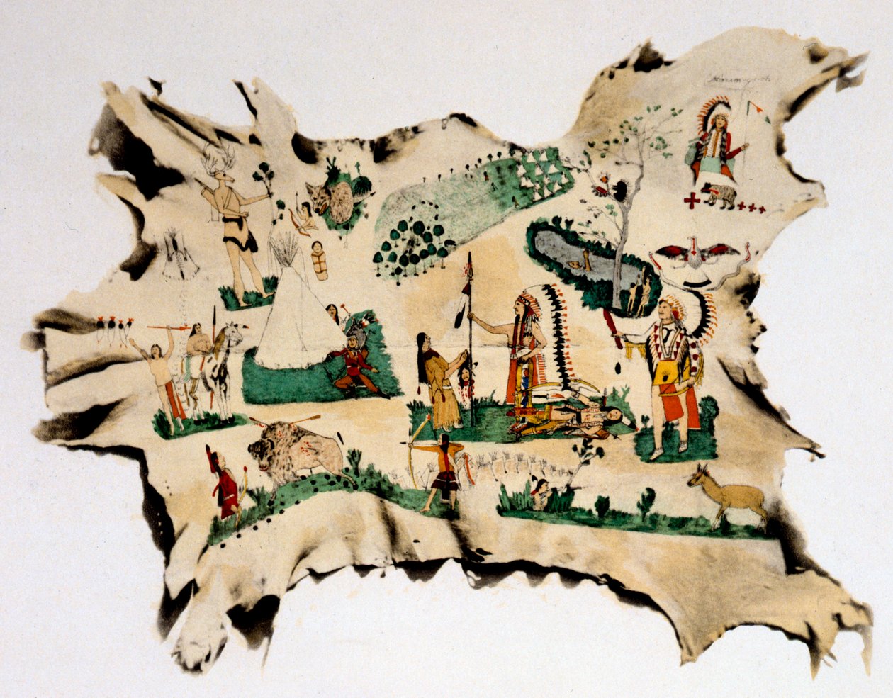 Pintura nativa americana em pele de animal, século 19 de Silver Horn