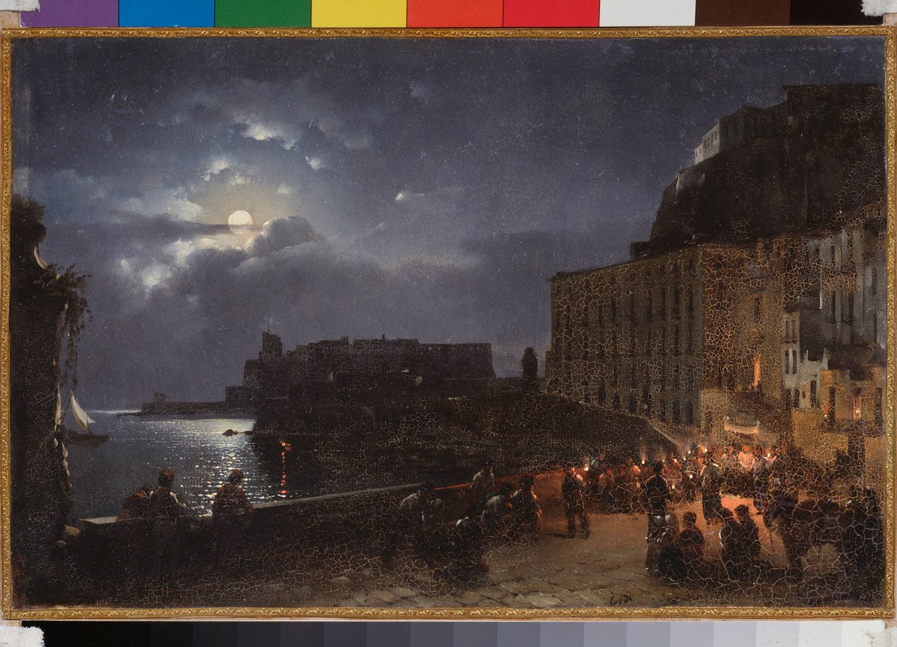O cais de Santa Lúcia em Nápoles (Itália), uma noite de lua cheia. Pintura por Sylvester Feodosiyevich Shchedrin (1791-1830), óleo sobre tela de Silvestr Fedosievich Shchedrin