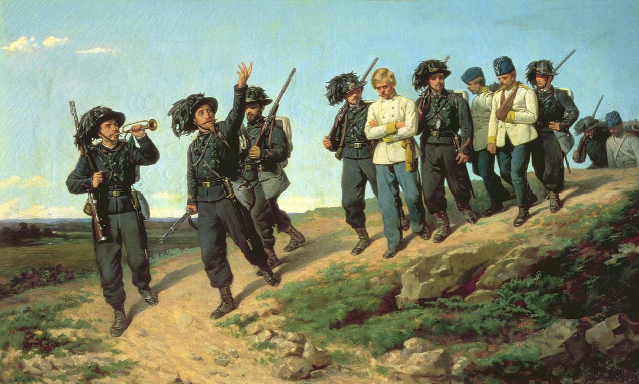 Regimento de fuzil italiano retornando de uma patrulha de reconhecimento, 1861 de Silvestro Lega