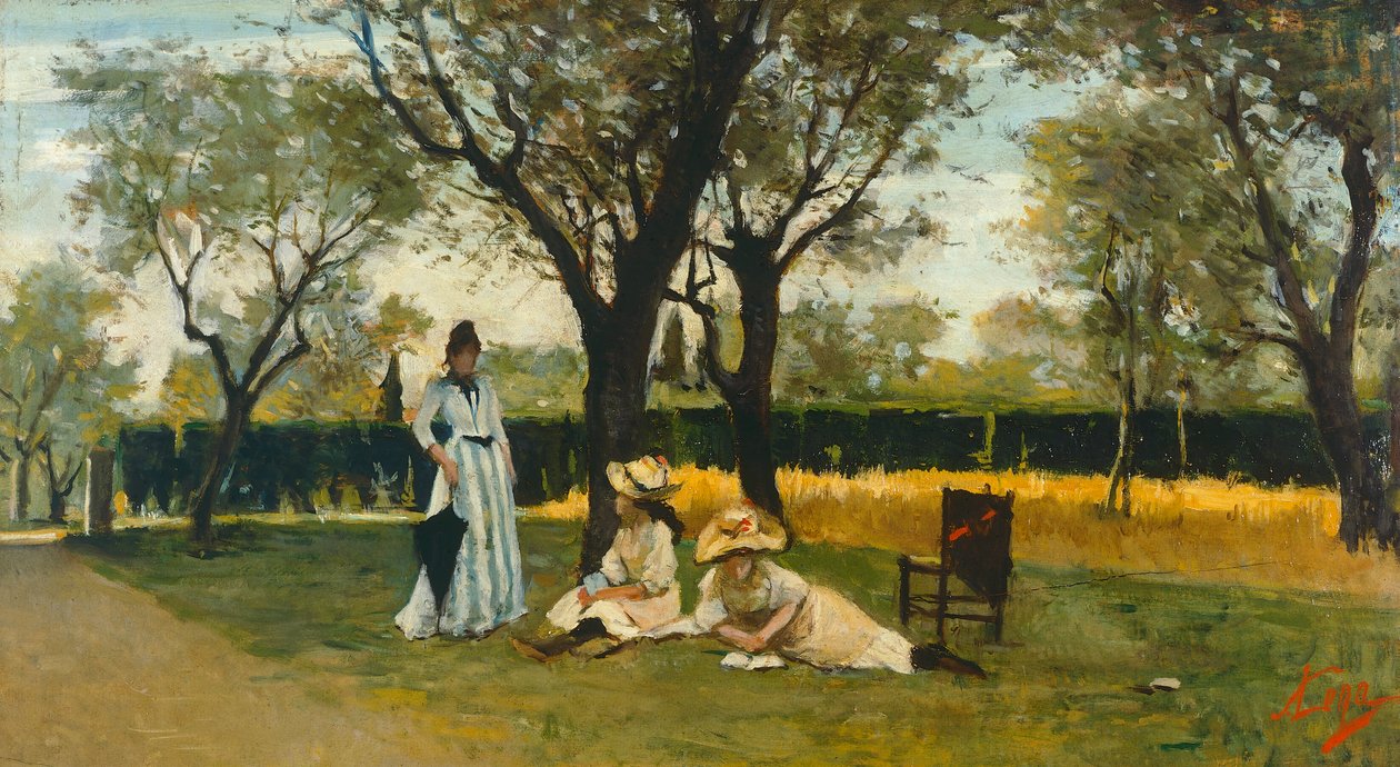 Na vila de Poggio Piano, de Silvestro Lega (1826-1895), óleo sobre painel, 34x60,5cm de Silvestro Lega