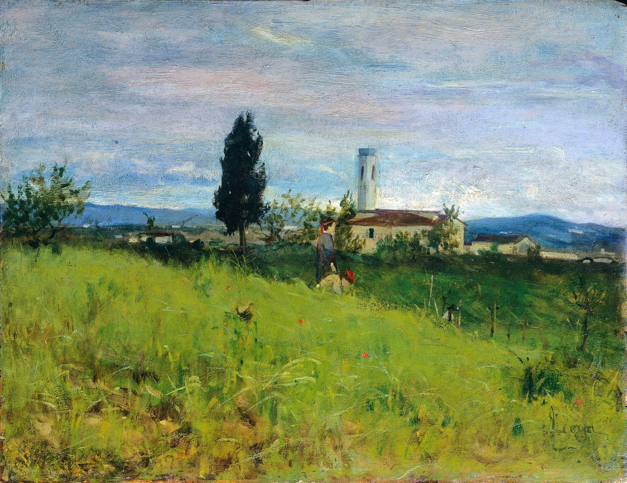 Igreja no campo, por Silvestro Lega (1826-1895), óleo sobre painel, 29x38 cm de Silvestro Lega