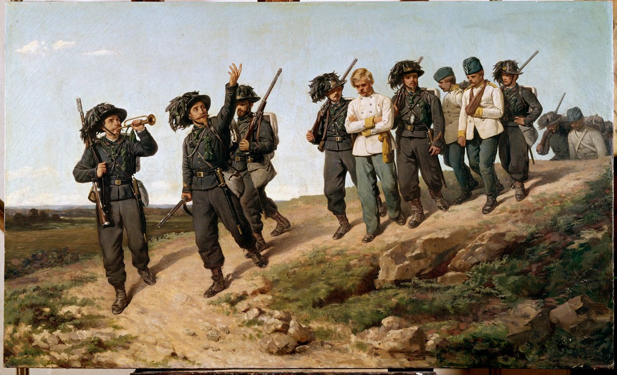 Episódio da campanha italiana em 1859: "Prisioneiros de guerra austríacos rodeados de bersagliers (bersaglieri)" Pintura de Silvestro Lega (1826-1895) 1861 Sun. 57,5 x 95 cm Florença, Galleria d