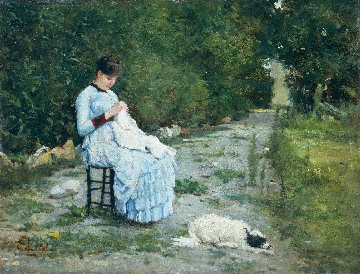No jardim, por Silvestro Lega (1826-1895), óleo sobre painel, 29x38 cm de Silvestro Lega
