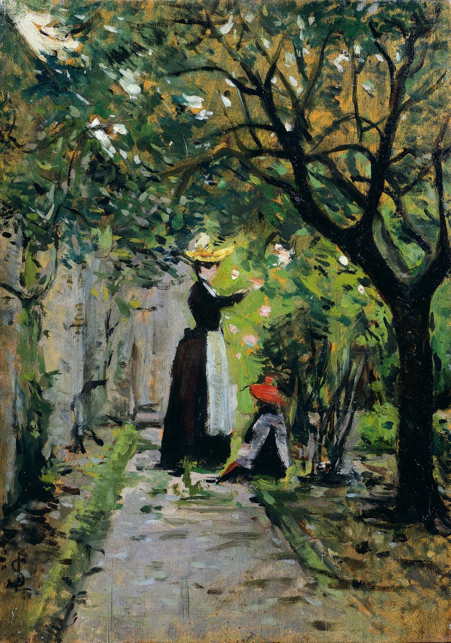 Em roseiral, por Silvestro Lega (1826-1895), óleo sobre painel, 36,5x25,5 cm de Silvestro Lega