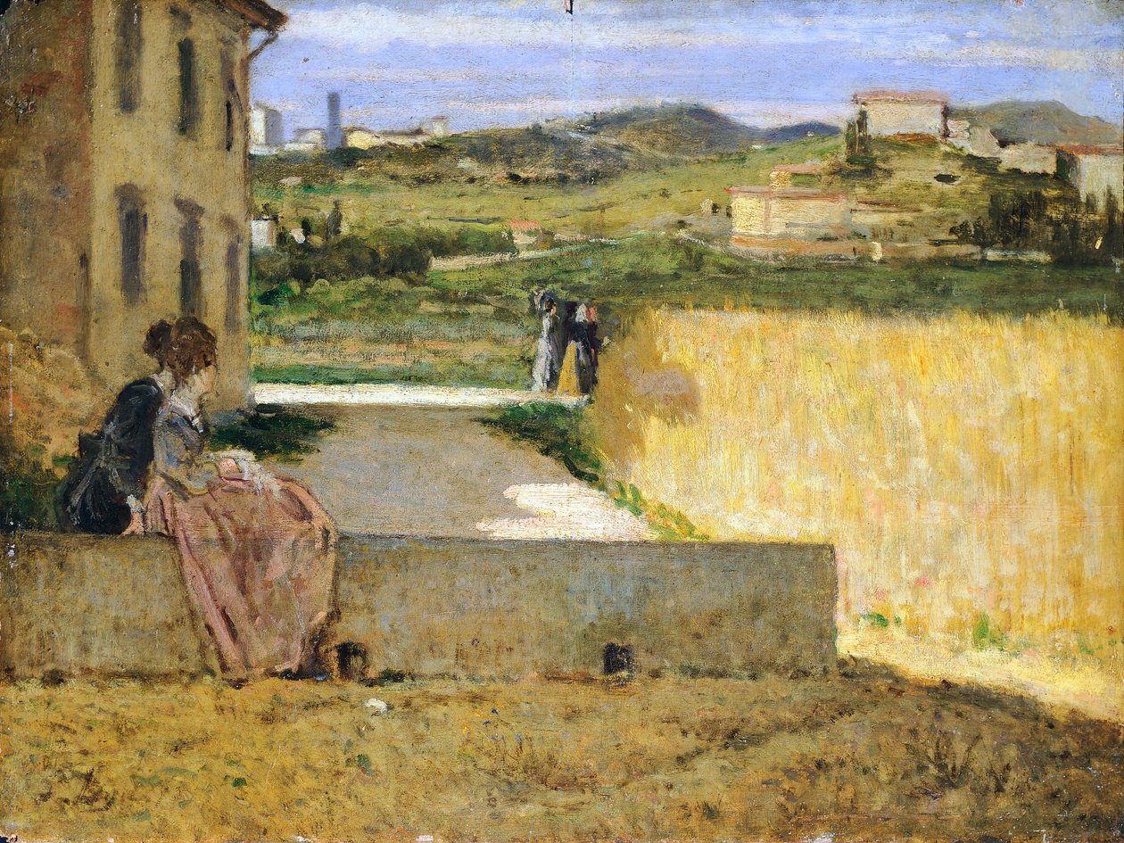 Na sombra da villa, por Silvestro Lega (1826-1895), óleo sobre painel, 34x46 cm de Silvestro Lega