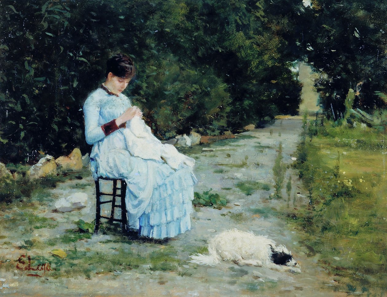 No jardim, c.1883 (óleo sobre tábua) de Silvestro Lega
