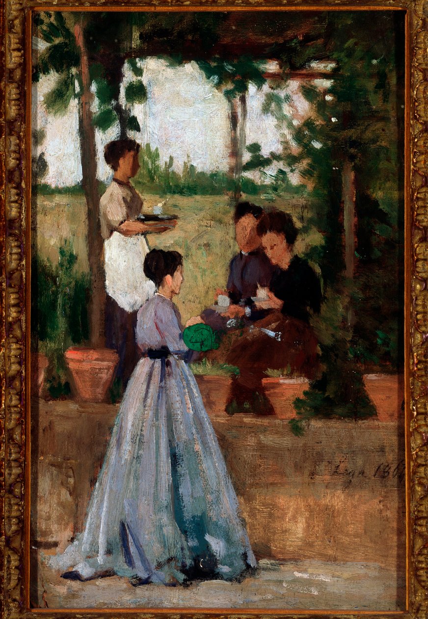 Senhoras italianas bebendo café sob a pérgula - óleo sobre tela de Silvestro Lega